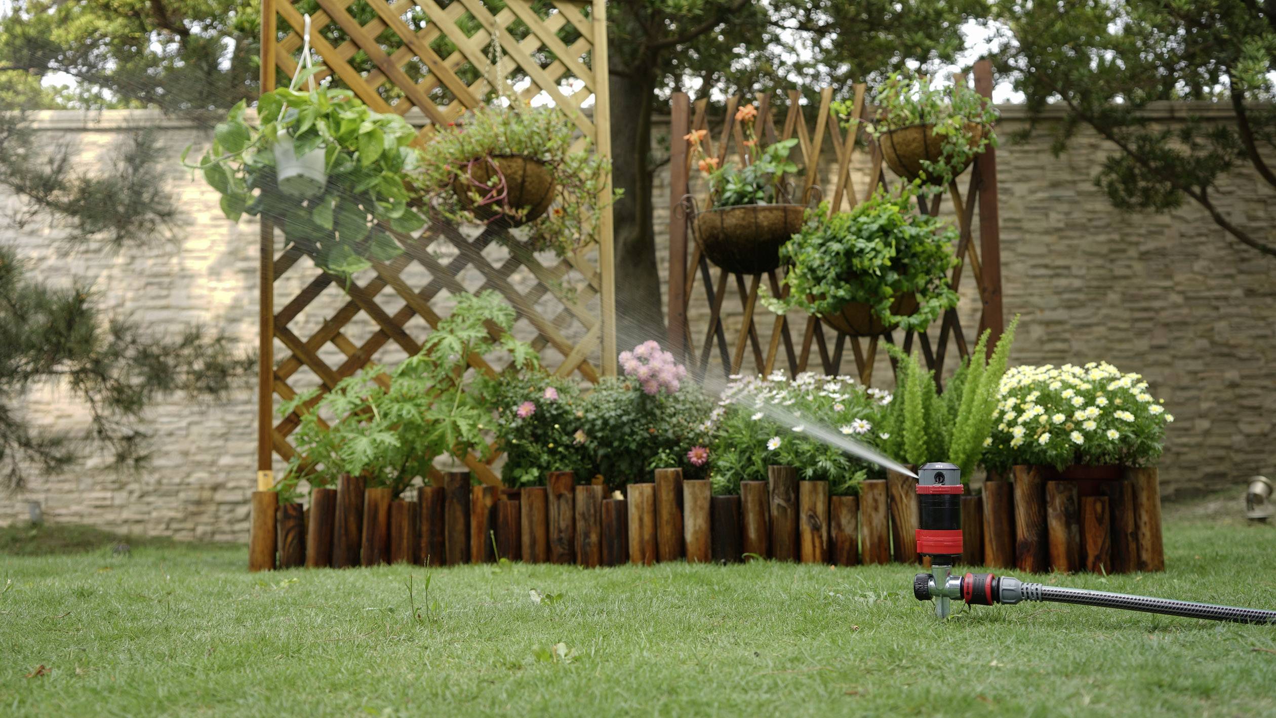 Un jardin avec un massif de fleurs, délimité par un bordure en bois et un treillage ; un jet d'eau arrose les plantes.