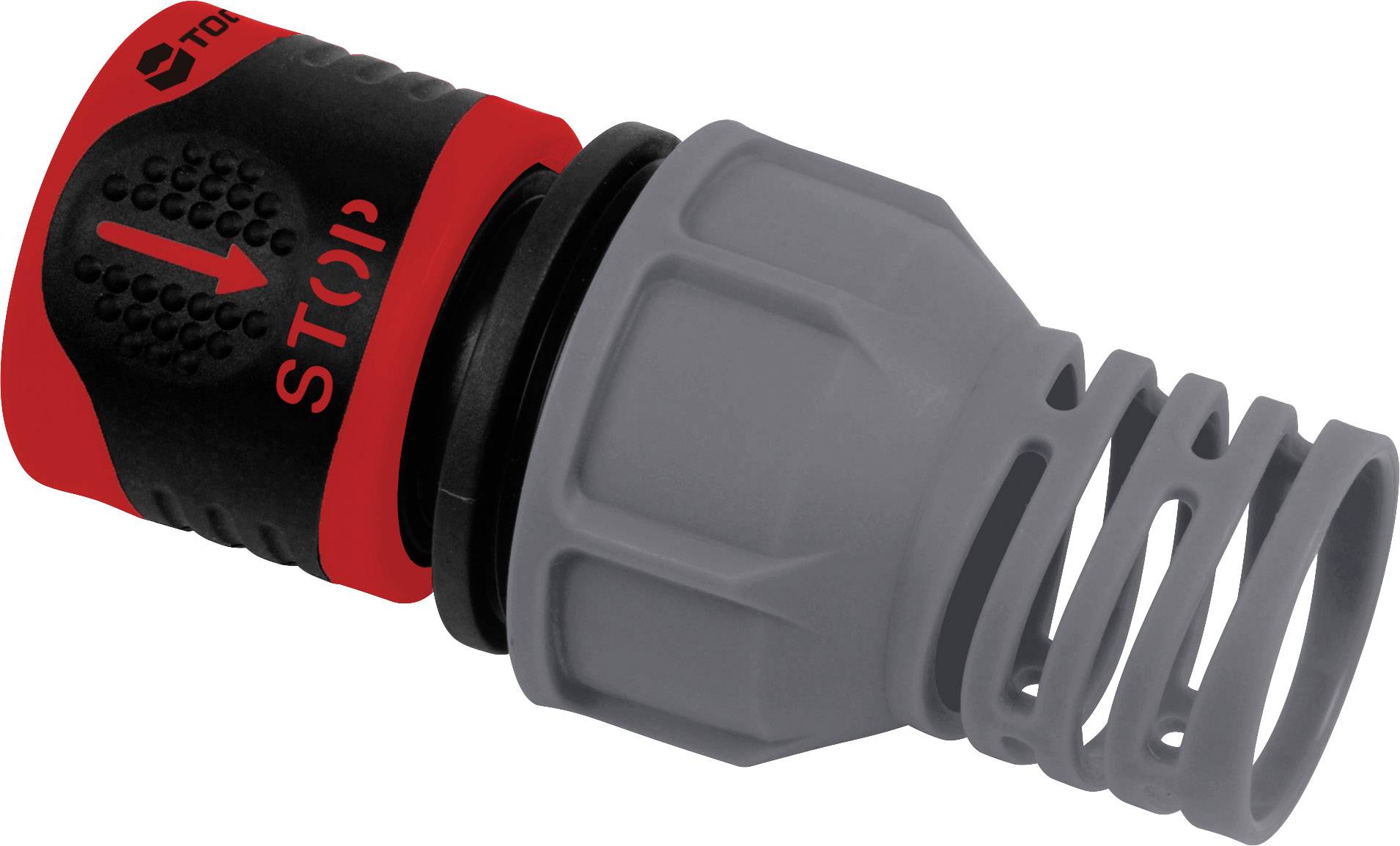 Connecteur de tuyau d'arrosage avec marquage 'STOP', design noir et rouge, côté de raccordement gris, pour le contrôle du débit d'eau.