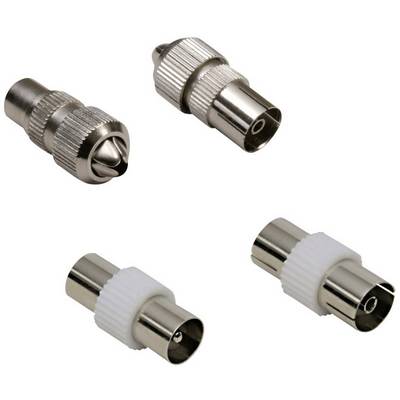 Quatre fiches coaxiales argentées sur fond blanc, dont deux avec un anneau en plastique blanc. Elles servent à connecter des câbles d'antenne.