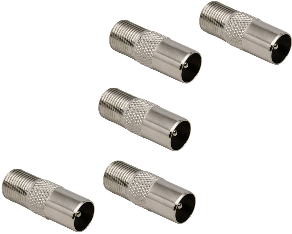 Cinq adaptateurs d'antenne argentés côte à côte, avec une surface striée pour une meilleure prise en main, typiques des connexions de câbles de télévision ou de radio.