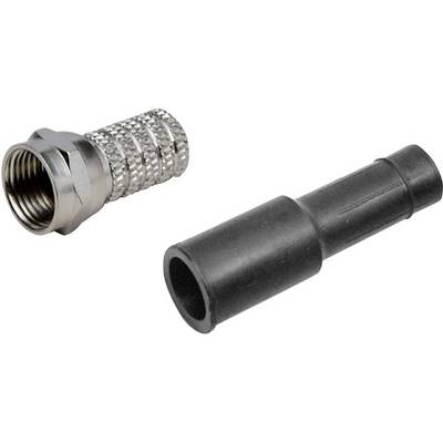 Un connecteur coaxial à côté d'un raccord en plastique noir. La fiche présente un design métallique strié.