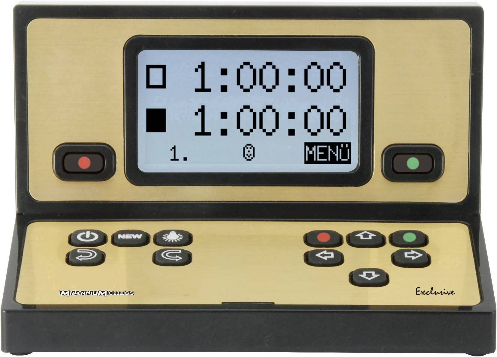 Une horloge d'échecs numérique avec deux affichages séparés indiquant chacun '1:00:00'. Des boutons de commande en dessous.