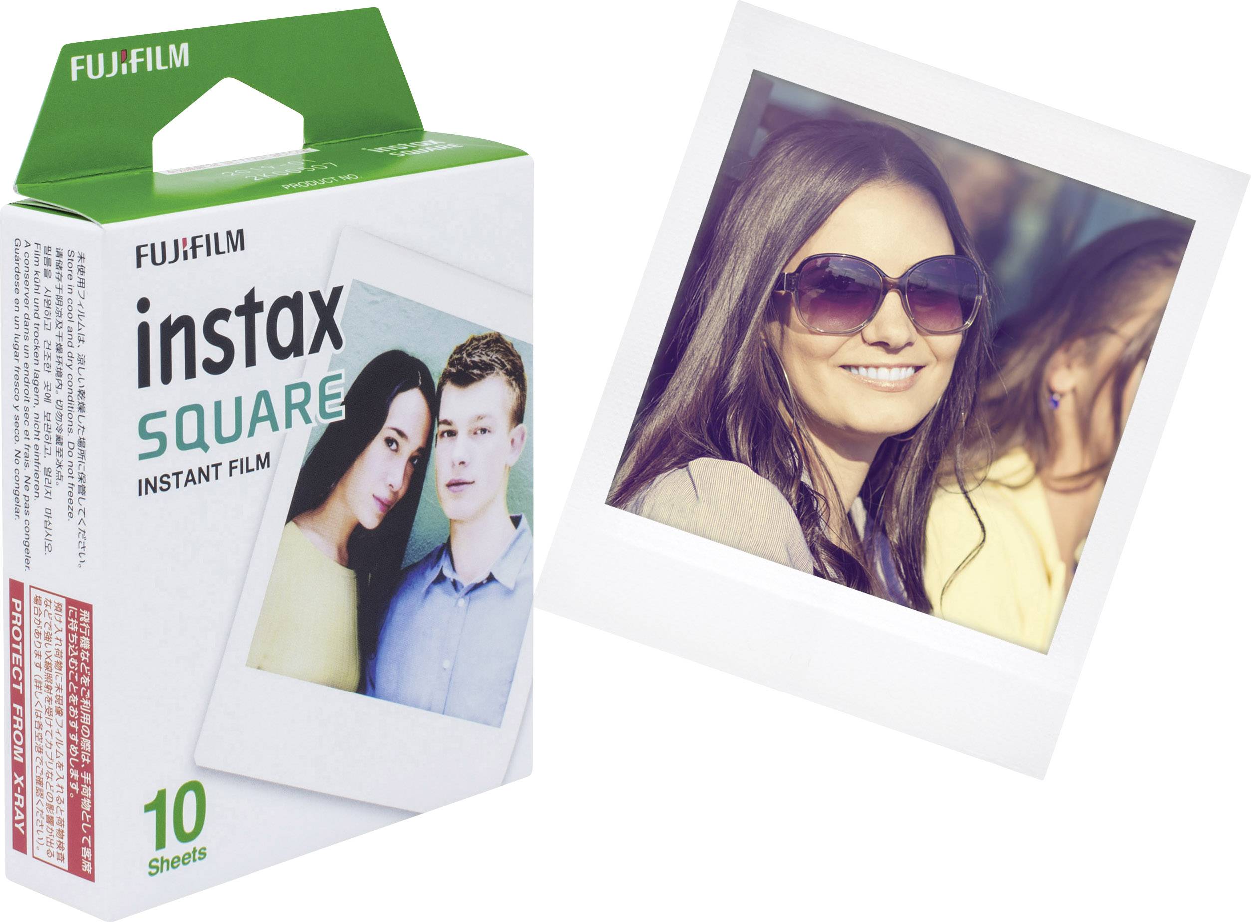 Emballage d'un film instantané Fujifilm Instax Square avec une image d'exemple montrant une femme souriante portant des lunettes de soleil. Contient 10 feuilles.