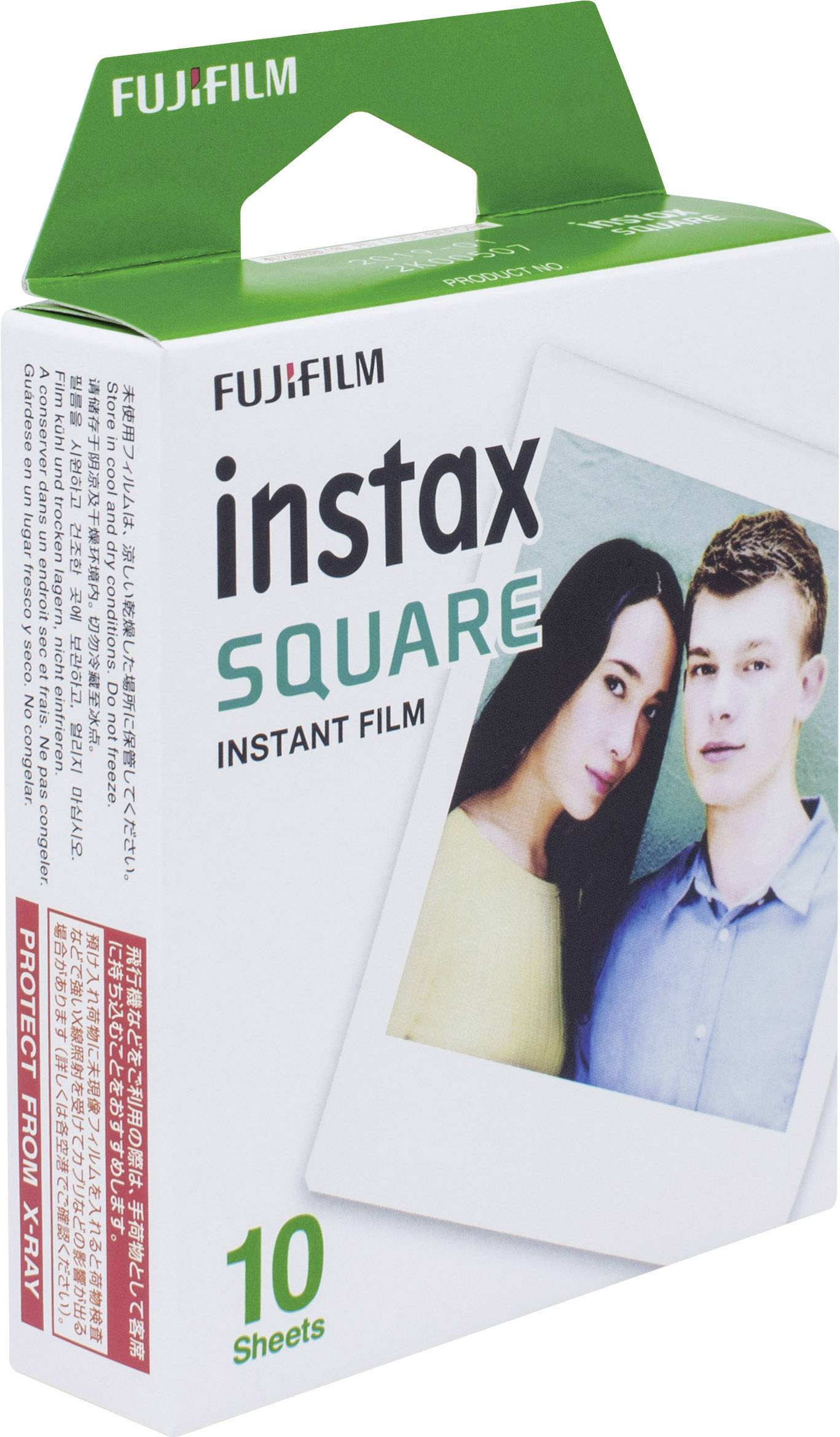L'emballage du film instantané Fujifilm Instax Square présente une photo d'un jeune couple. Contient 10 feuilles.