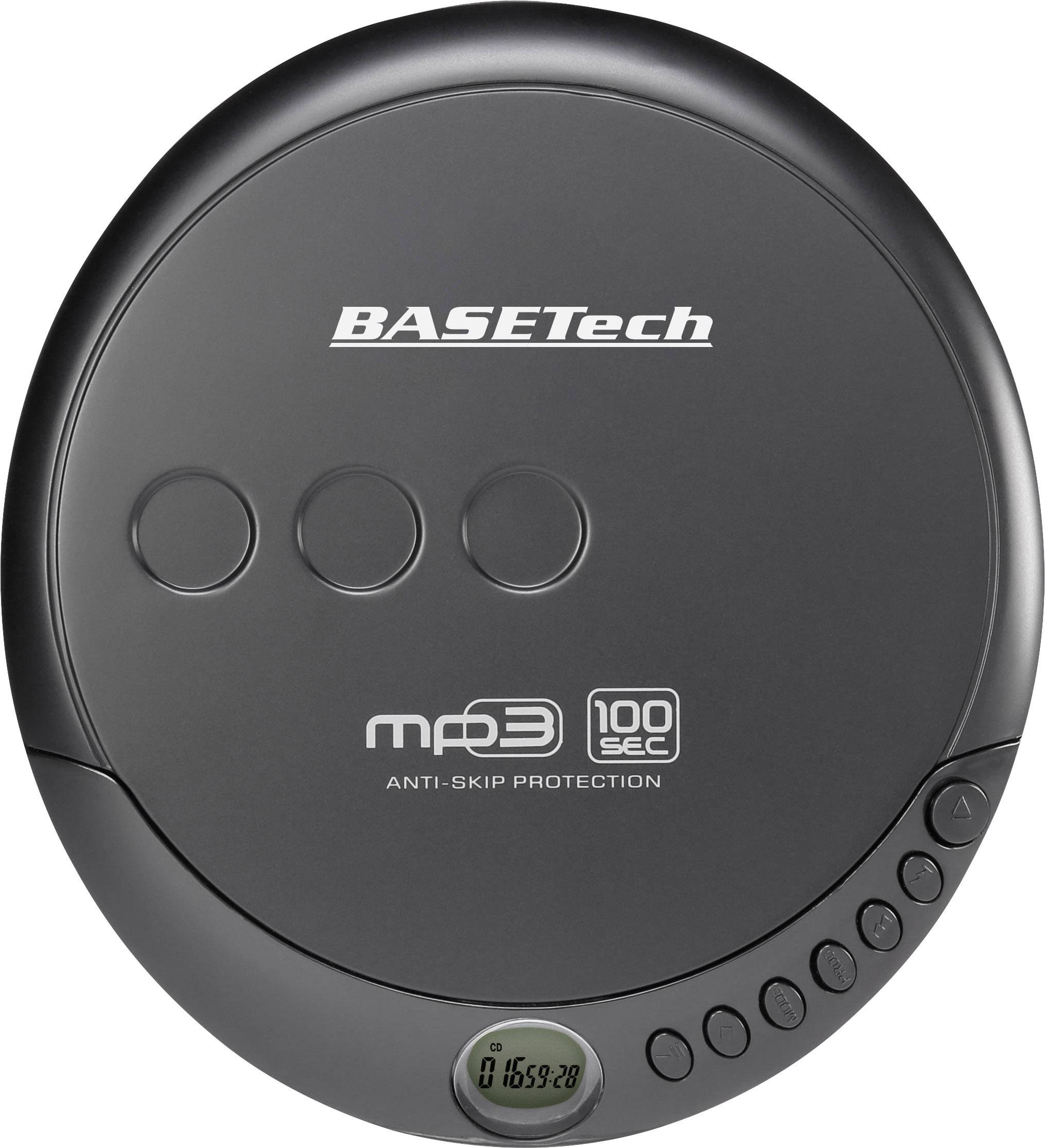 Lecteur CD portable noir avec touches de commande sur le dessus, affichage numérique, marque 'BASETech', fonctions MP3 et anti-saut.