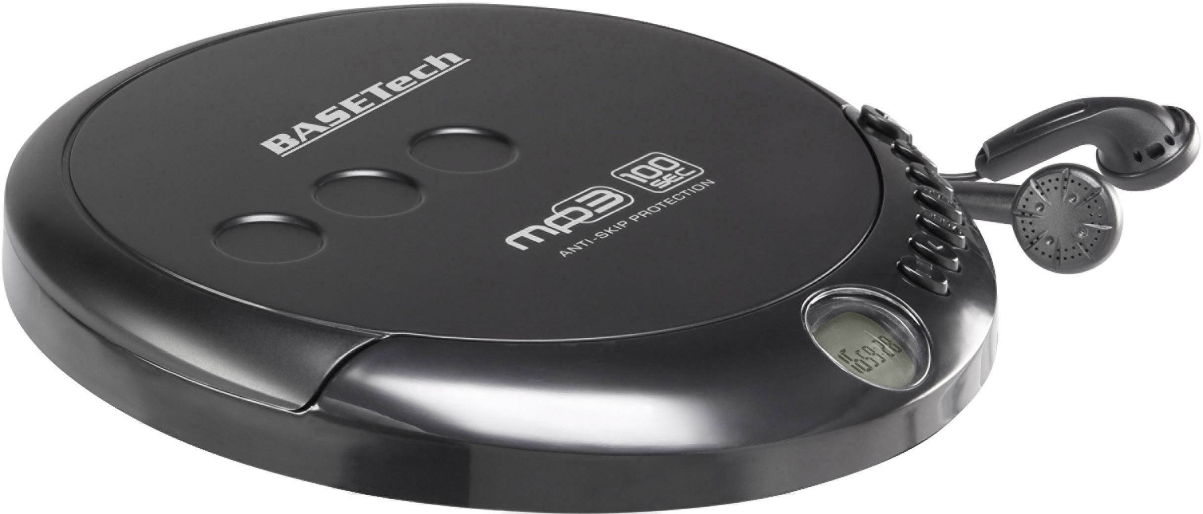 Lecteur CD portable noir avec lecture MP3. Trois boutons en haut, affichage LCD et prise casque sur le côté.