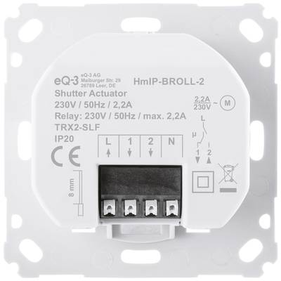 Illustration d'un actionneur de volet roulant eQ-3 HmIP-BROLL-2 avec ses spécifications techniques, incluant les informations de tension et de relais.