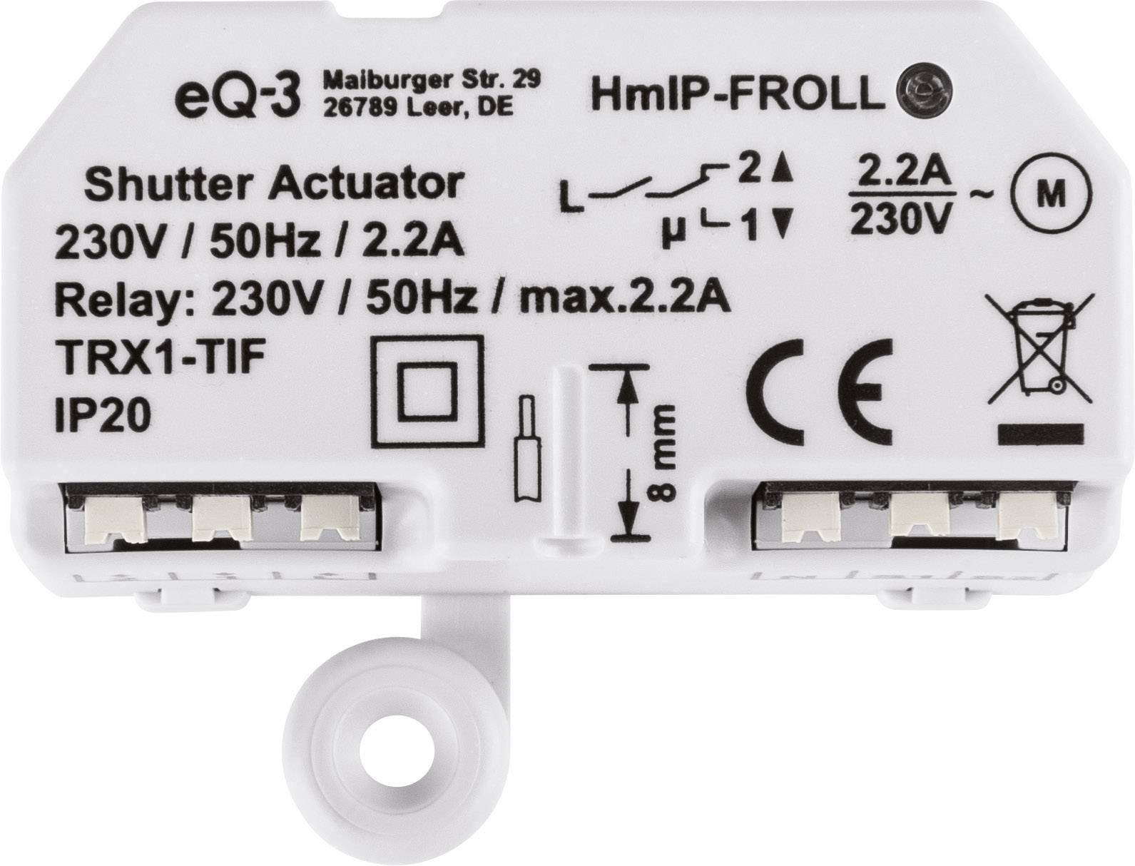 Étiquette de l'actionneur de volet avec spécifications techniques : 230V/50Hz, max. 2,2A. Contient des symboles d'instructions de sécurité et d'installation.
