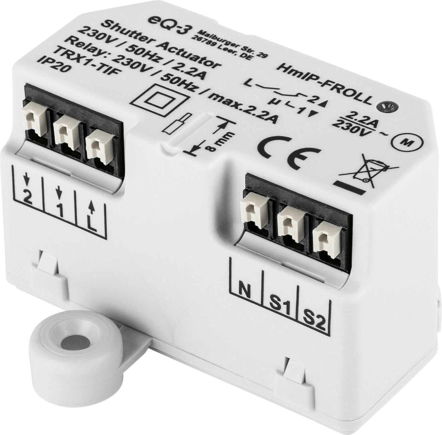 Un actionneur de volet roulant blanc avec connexions et détails techniques. Adapté pour 230V, max. 2,2A. Marque et informations de modèle imprimées.