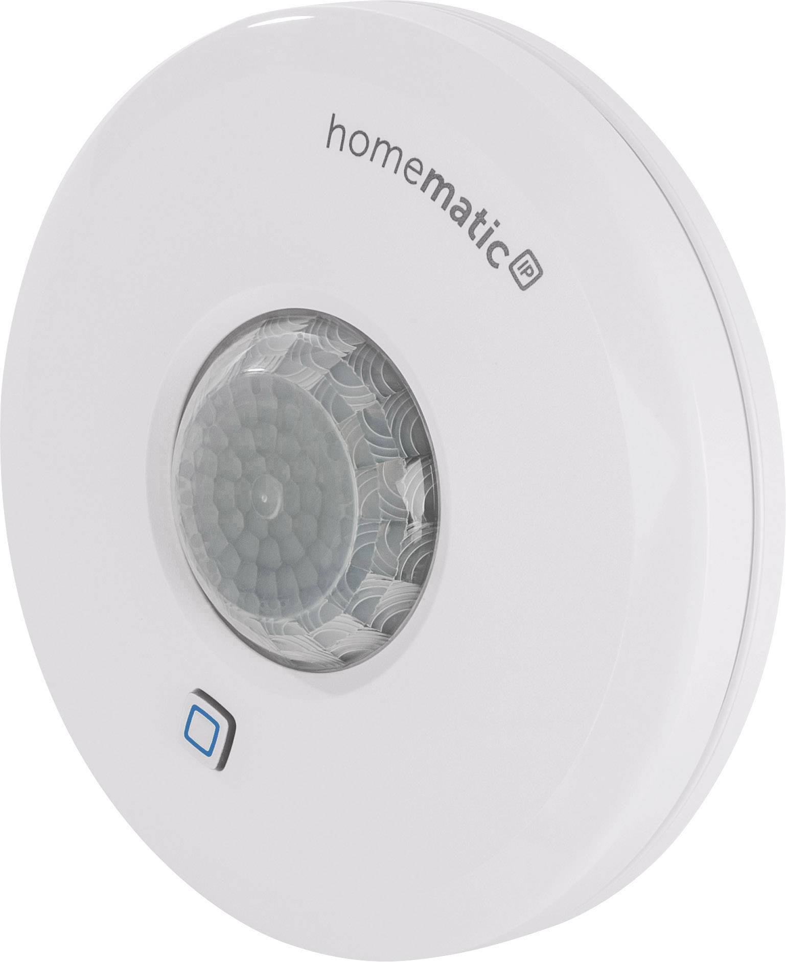 Détecteur de mouvement blanc et rond portant l'inscription 'homematic IP'. Un petit bouton bleu est placé sous le capteur.