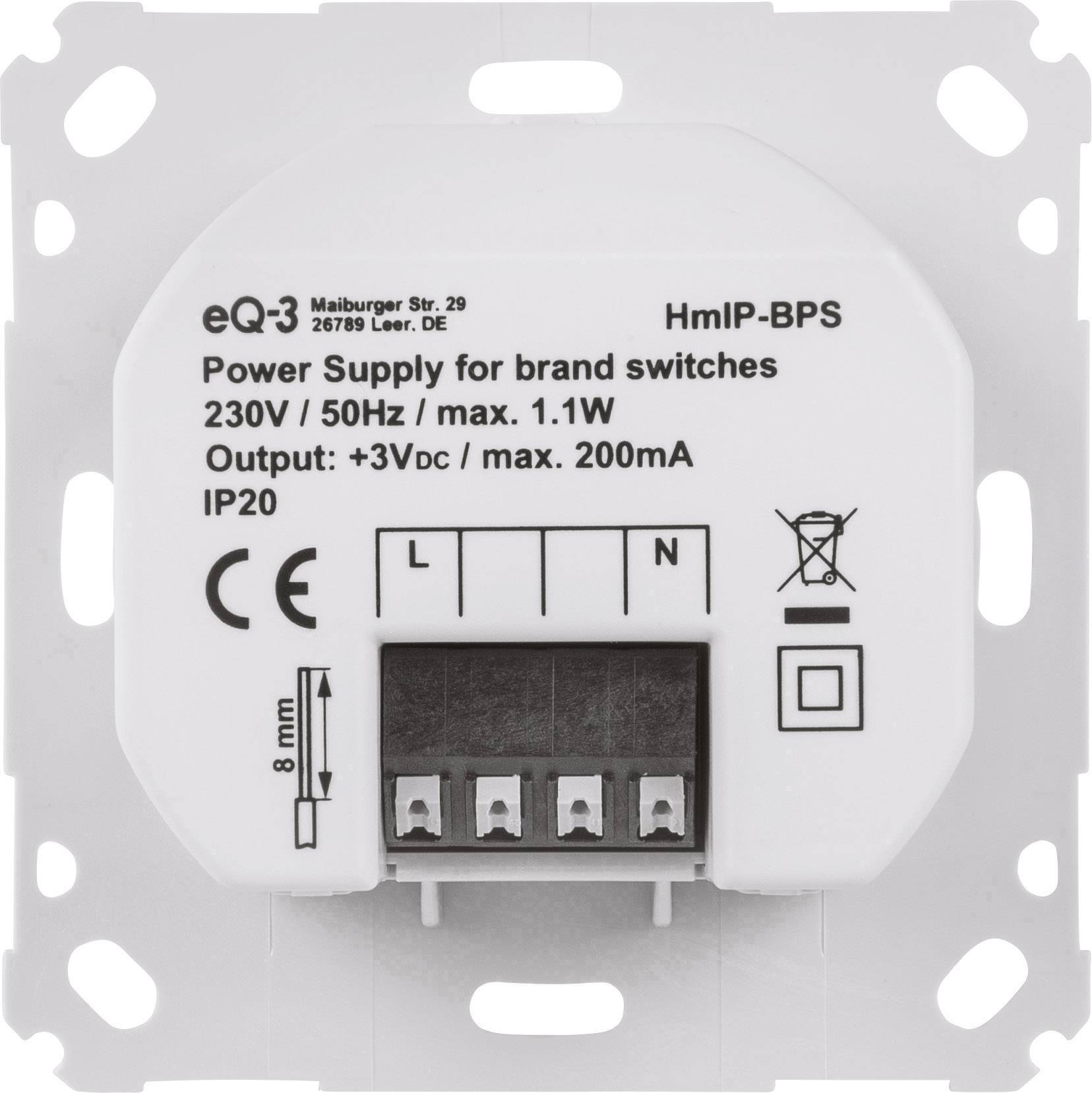 Alimentation pour interrupteur de marque, 230V/50Hz, max. 1,1W, sortie +3Vdc, max. 200mA, IP20. Boîtier blanc avec quatre bornes de connexion.