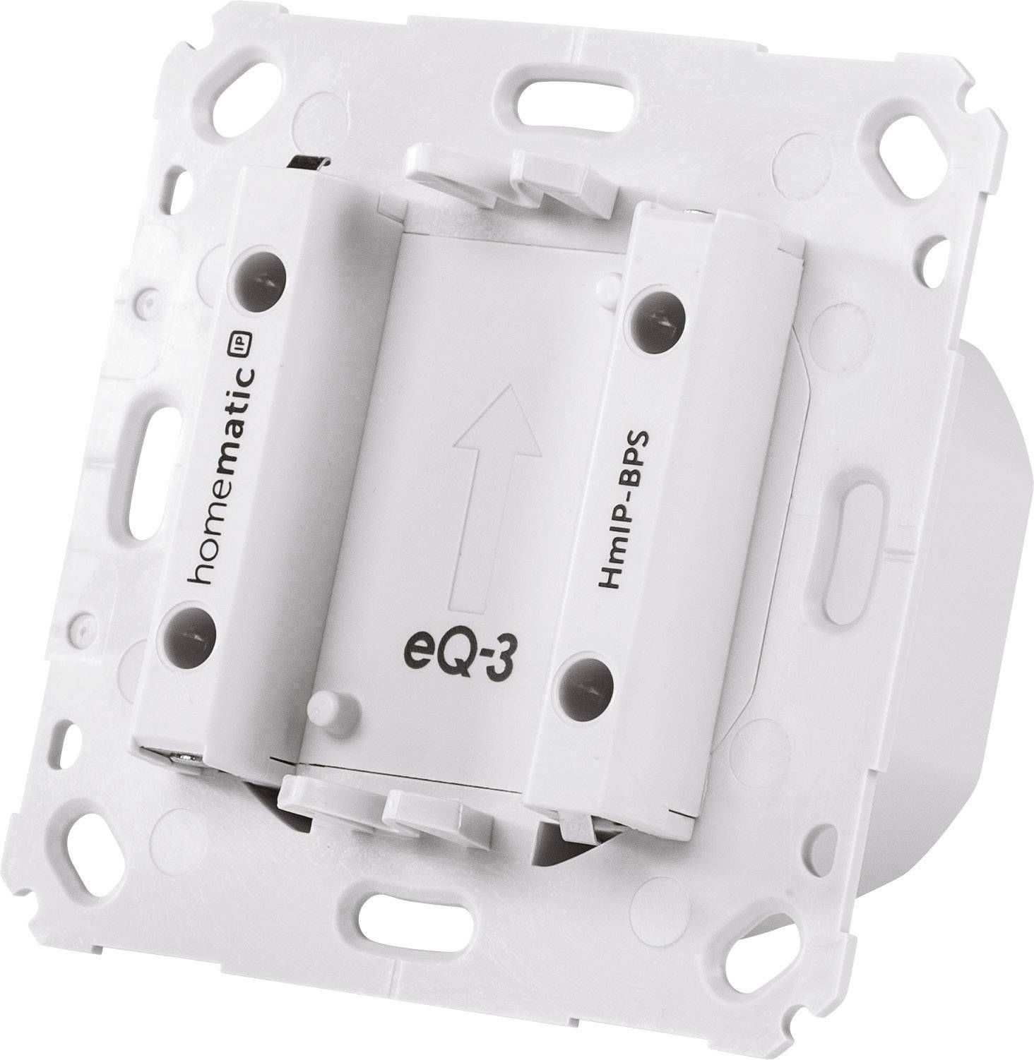 Bouton blanc Homematic IP pour domotique intelligente avec impression produit 'homematic IP' et 'eQ-3 Hz'.