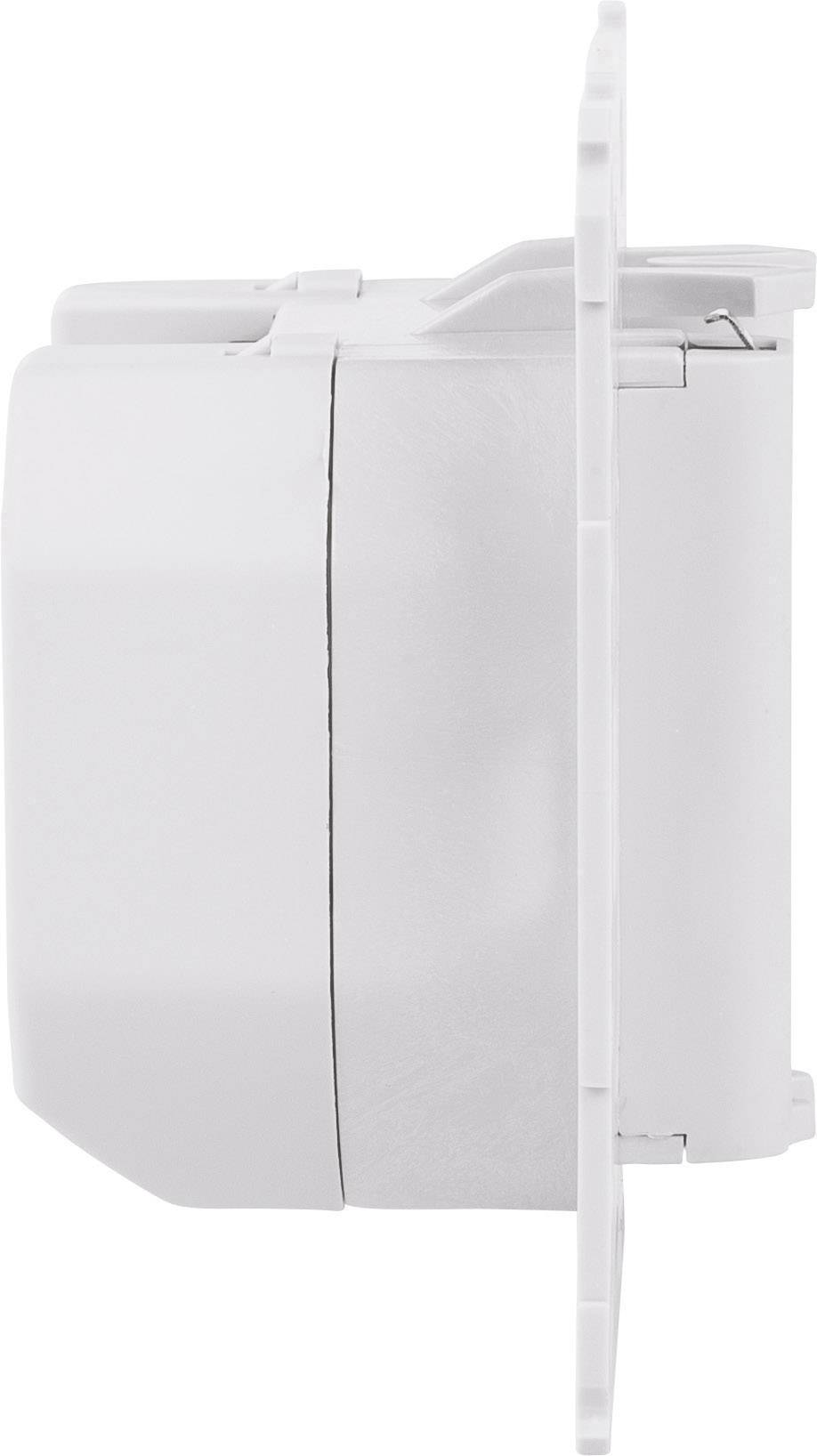 Prise électrique blanche vue de côté, montrant la fixation et le placement dans le mur.