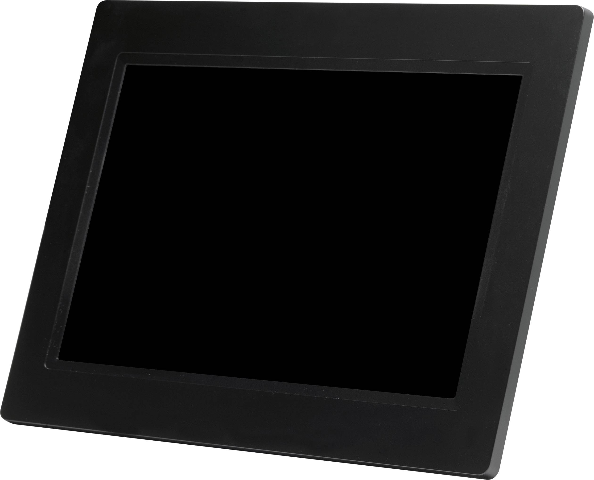 Un cadre photo numérique avec un bord noir et un écran vide, posé sur une surface blanche.