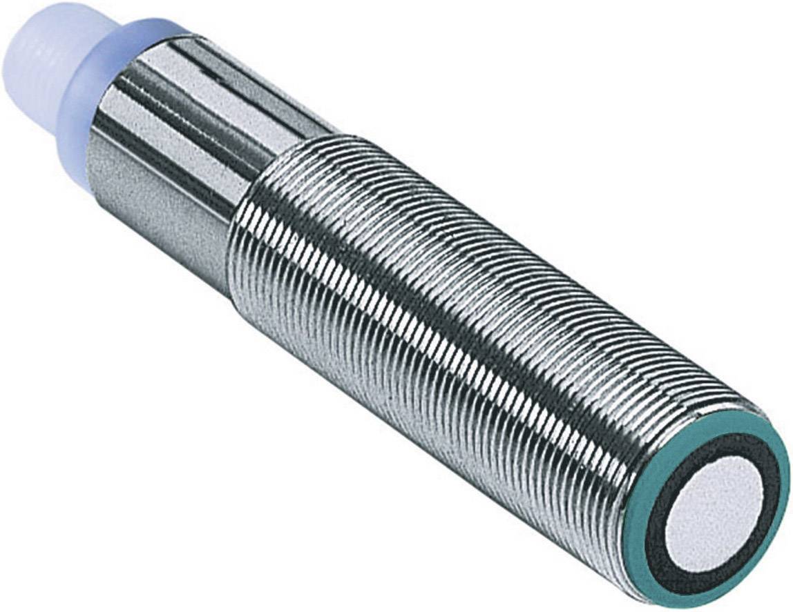 Un capteur à ultrasons cylindrique, métallique, avec un bord vert, adapté aux mesures de distance dans des applications industrielles.