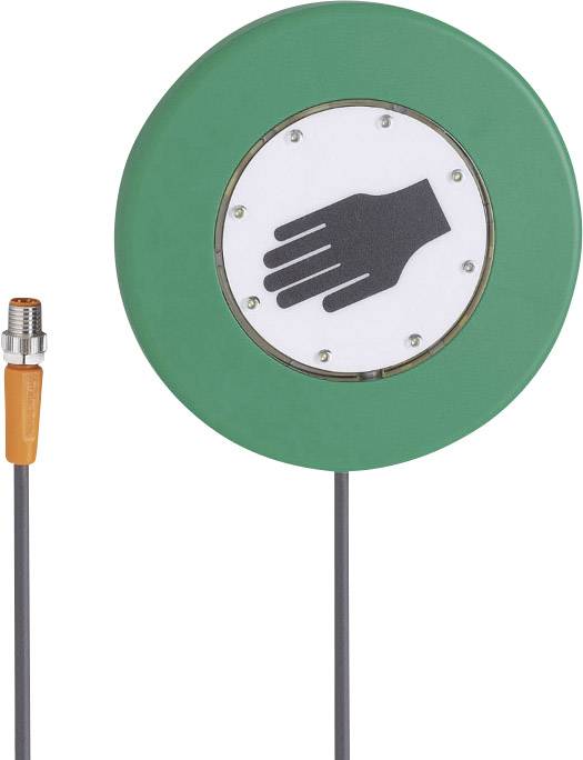 Un champ tactile vert avec un symbole de main au centre, représentant une interface de commande pour des capteurs tactiles.