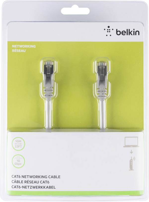 Belkin A3L981BT10M-H-S RJ45 Câble réseau, câble patch CAT 6 S/FTP 10.00 m gris avec cliquet d'encastrement 1 pc(s)