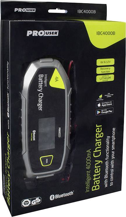 'Chargeur intelligent PROuser IBC4000B' Emballage. Caractéristique principale : Connectivité Bluetooth pour contrôle via smartphone. Adapté aux batteries Lithium 6V & 12V.