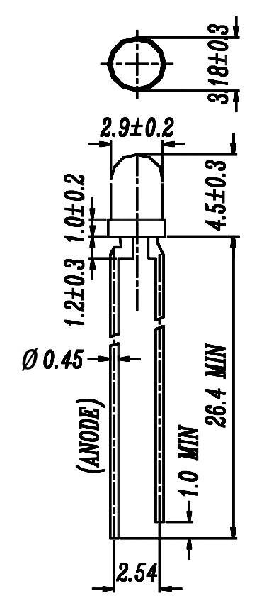 Dessin technique d'un composant électronique avec des dimensions en millimètres. Les caractéristiques principales et les dimensions sont détaillées et annotées.