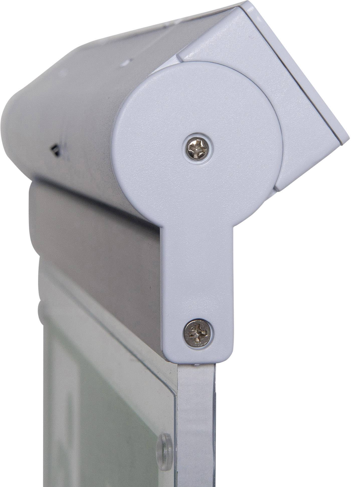 Un porte-cartes de visite cylindrique en aluminium argenté, avec des vis sur le côté, monté sur une plaque de verre.