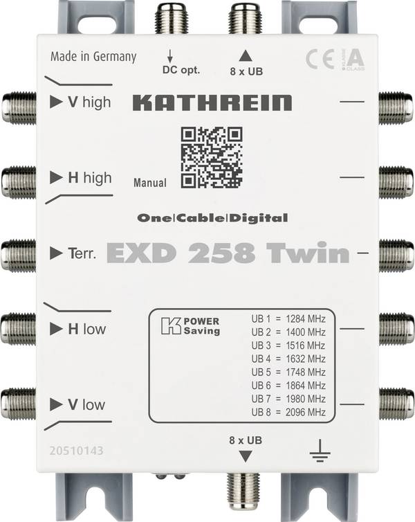 Kathrein EXD 258 Twin Commutateur multiple SAT cascade Unicable Entrées (commutateur multiple): 5 (4 SAT/1 terrestre) Nombre d'abonnés: 16 fonction veille