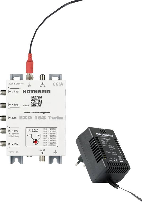 Kathrein EXD 158 Twin Commutateur multiple SAT cascade Unicable Entrées (commutateur multiple): 5 (4 SAT/1 terrestre) Nombre d'abonnés: 16