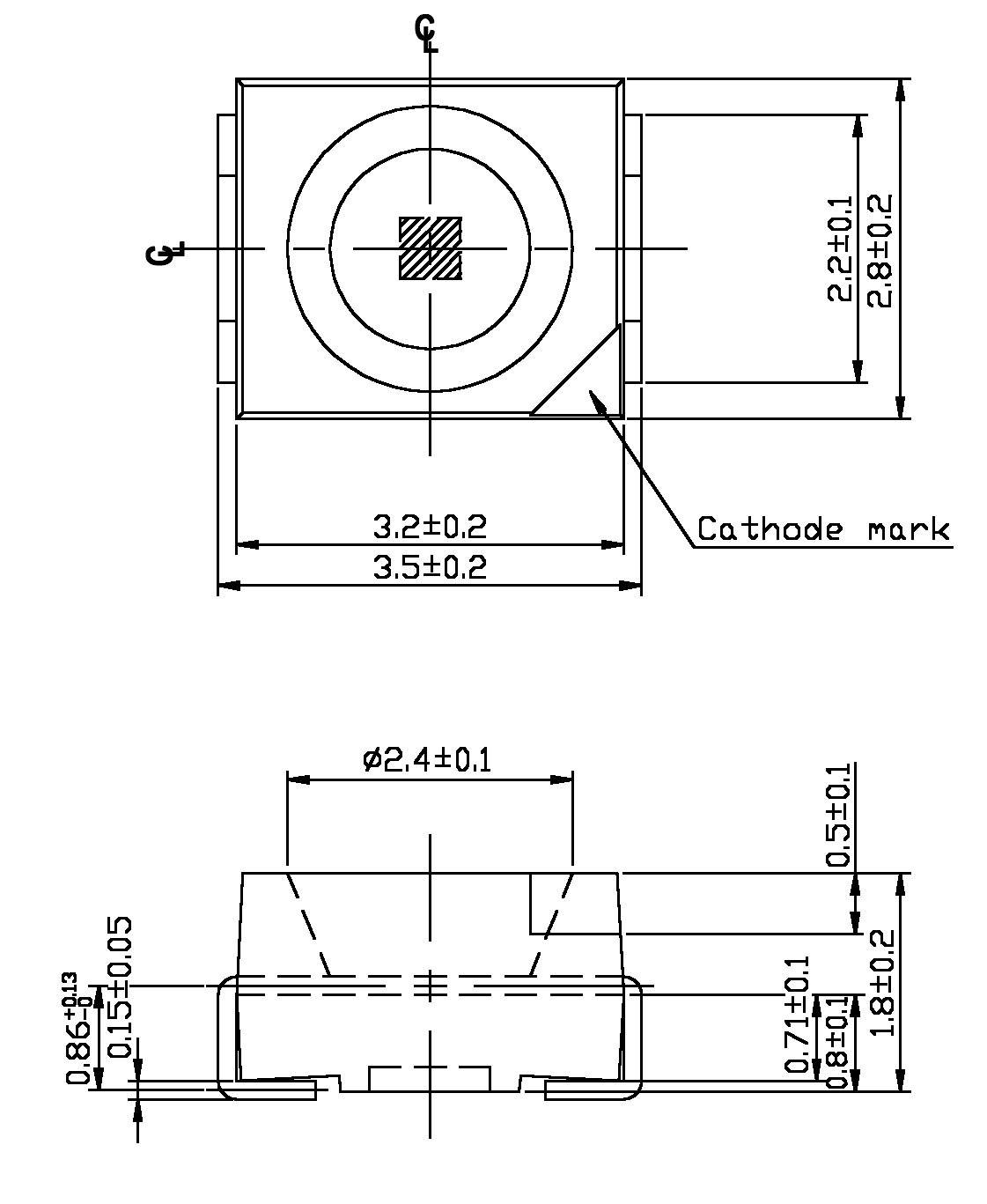 Dessin technique d'un composant. Vue de dessus en haut, vue latérale en bas avec dimensions et annotation 'Cathode mark'.
