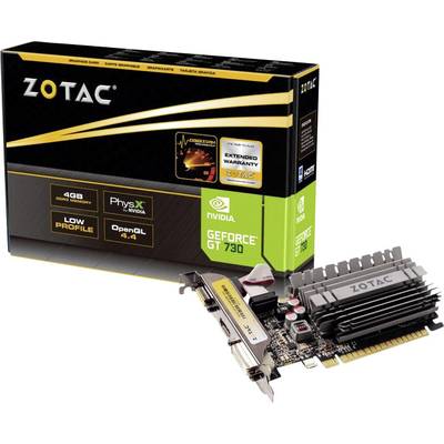 Une carte graphique ZOTAC GT 730 avec 4 Go de mémoire graphique. L'emballage met en avant PhysX, OpenGL 4.4 et un profil bas.