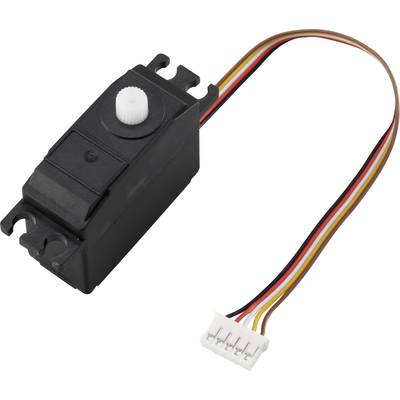 Moteur électrique noir avec un engrenage blanc sur le dessus. Quatre câbles de couleurs se terminent par une fiche blanche.