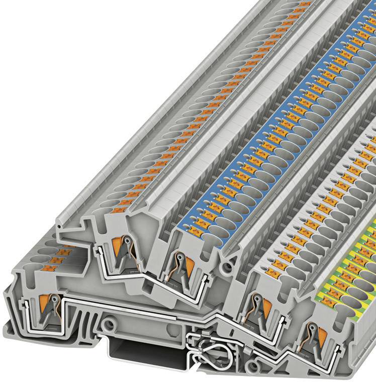 Une pile de bornes électriques de différentes couleurs, utilisées pour la connexion de conducteurs et la distribution du courant dans les armoires électriques.