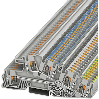 Une pile de bornes électriques de différentes couleurs, utilisées pour la connexion de conducteurs et la distribution du courant dans les armoires électriques.