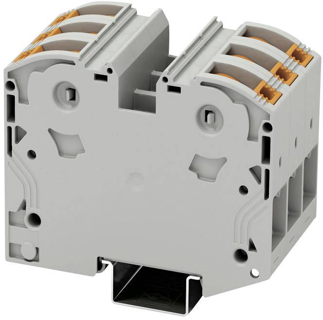 Bloc de connexion électrique avec boîtier gris et leviers de serrage orange, pour montage sur rail DIN.