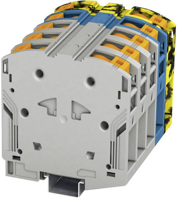 Bloc de bornes électrique gris à plusieurs connexions, avec des canaux de câblage marqués en bleu, jaune et orange.