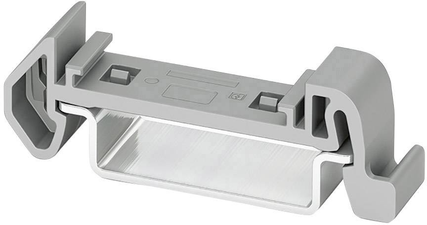 Pièce en plastique grise avec plaque métallique, probablement un clip de montage ou un support pour un système technique.