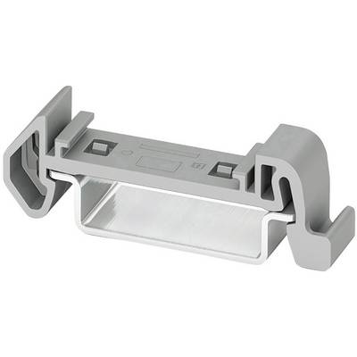 Pièce en plastique grise avec plaque métallique, probablement un clip de montage ou un support pour un système technique.
