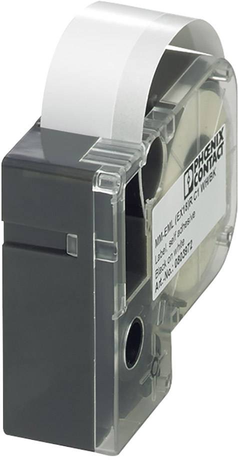 Cassette d'étiquettes de Phoenix Contact avec ruban blanc et boîtier noir, adaptée aux systèmes de marquage industriels.