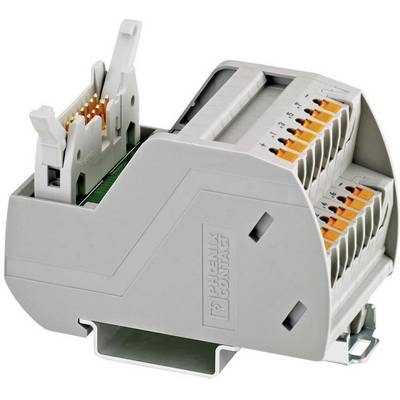 Un composant électrique gris avec plusieurs bornes marquées en orange, destiné à être monté sur un rail de support.