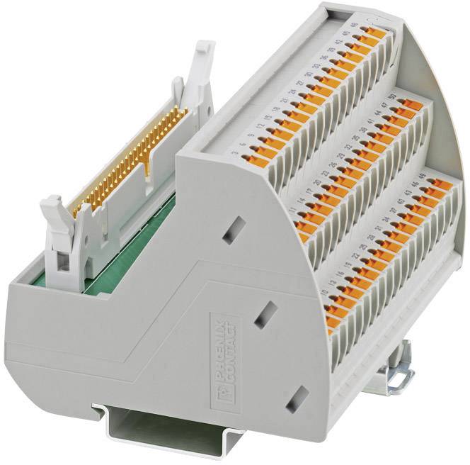 Un module de bornes en série modulaire gris à trois niveaux, avec des connexions numérotées et une fixation par clip latéral.