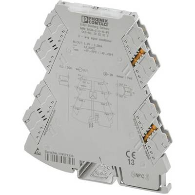 'Relais gris argenté en forme de coin de Phoenix Contact. Spécifications imprimées ; Modèle : MINI MCR-SL-R-UI. Pour applications industrielles.'