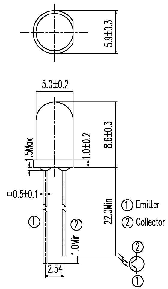Dessin technique d'une LED : vue de face en haut et vue de côté en bas. Brochage : 1-Émetteur, 2-Collecteur. Dimensions en mm.