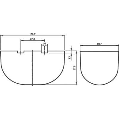 Dessin technique d'une structure semi-circulaire avec cotations : Largeur 100,7, Hauteur 67,6, cuvette profonde avec échancrure en haut, Largeur 60,7.