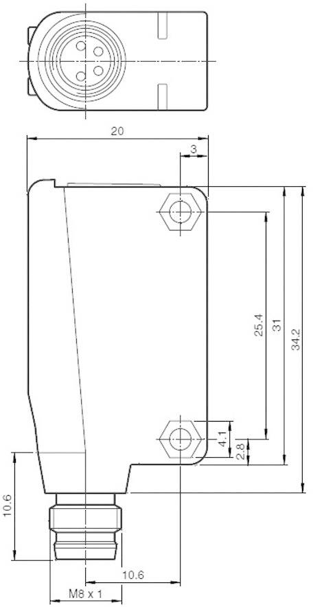 Dessin technique d'une prise électrique avec dimensions. Montre une vue de dessus et une vue de côté avec les mesures indiquées en millimètres.