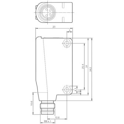 Dessin technique d'une prise électrique avec dimensions. Montre une vue de dessus et une vue de côté avec les mesures indiquées en millimètres.