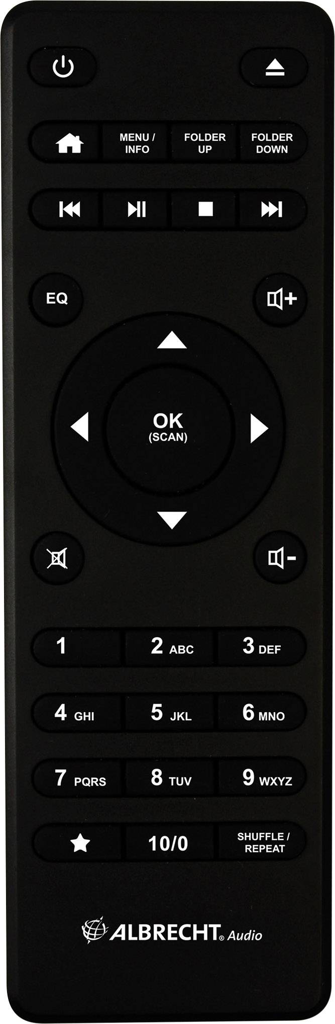 Télécommande noire avec touches de mise en marche, volume, navigation et contrôle de lecture. Nom de la marque en bas.