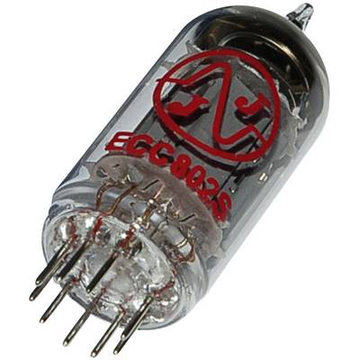 Tube électronique ECC802S à huit broches, boîtier transparent et logo rouge. Idéal pour amplificateurs audio.