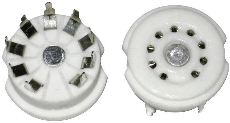 Deux supports blancs et ronds avec des contacts métalliques, probablement destinés à des tubes électroniques ou des appareils, posés sur une surface blanche.