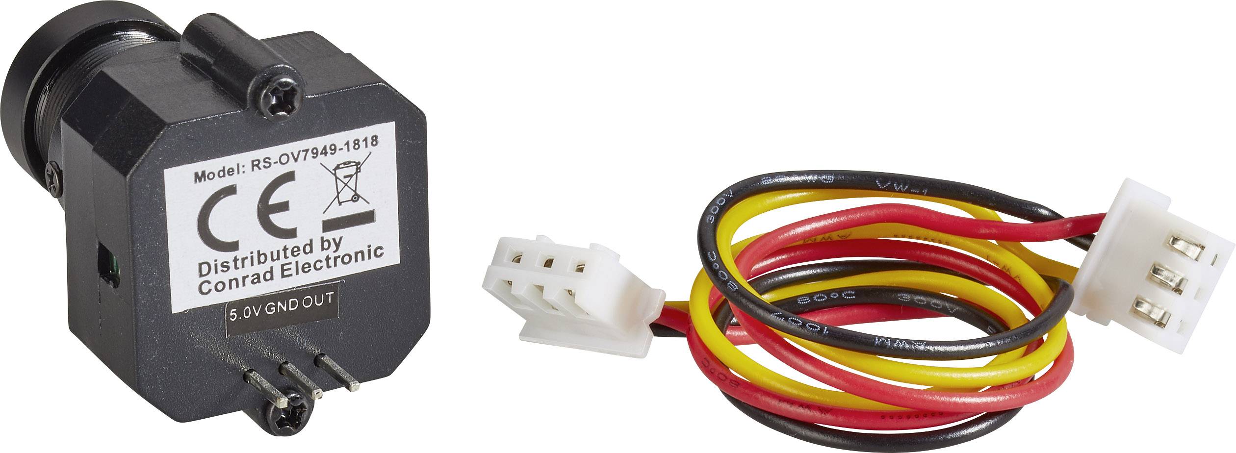 Buzzer électromagnétique noir avec des câbles rouge, jaune et noir. Numéro de modèle et marquage CE visibles.