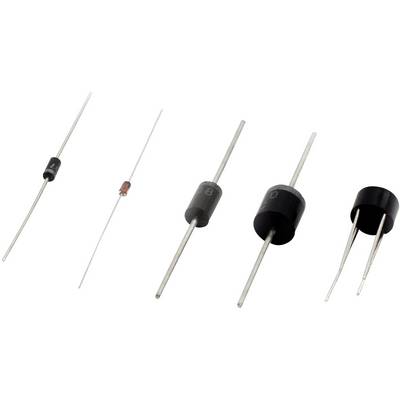Cinq diodes différentes, dont une diode Schottky, une diode Zener et une diode redresseuse standard, sur un fond blanc.