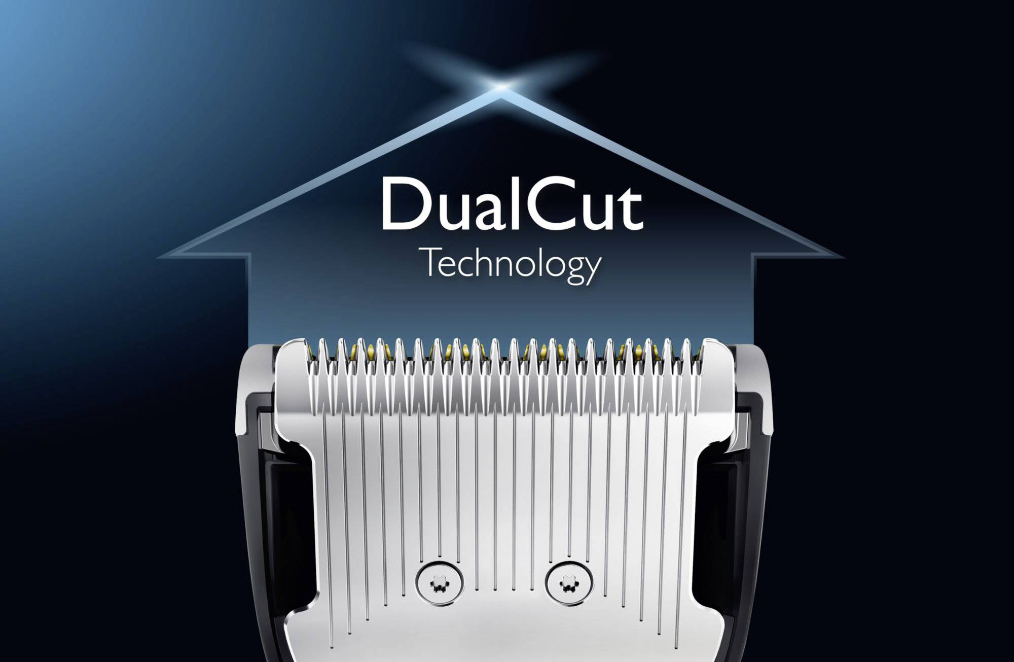 'Un tondeuse avec technologie DualCut est présentée. L'accent est mis sur la lame de précision, mise en valeur par un éclairage bleu lumineux.'