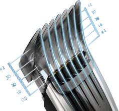Un tondeuse électrique avec un guide de coupe réglable affiche des graduations pour différentes longueurs de coupe, de 0,5 à 42 mm.